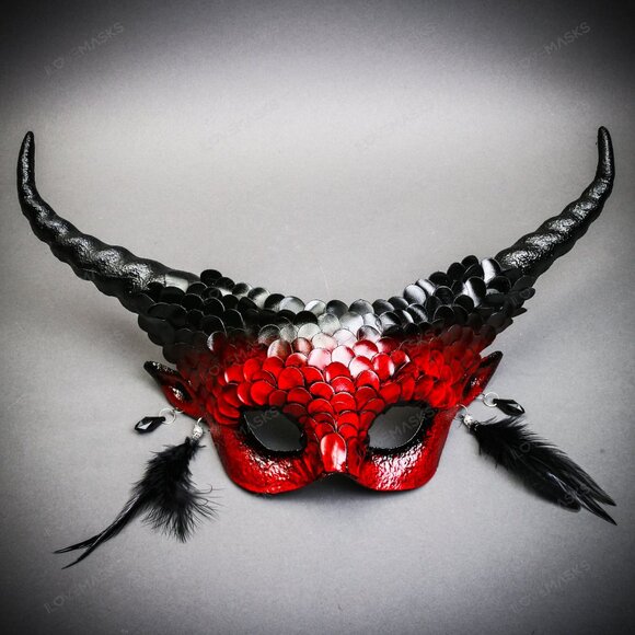 Krampus Horns Red Squama Animal Devil Halloween Masquerade Women Eye Mask Red - Picture 1 of 5